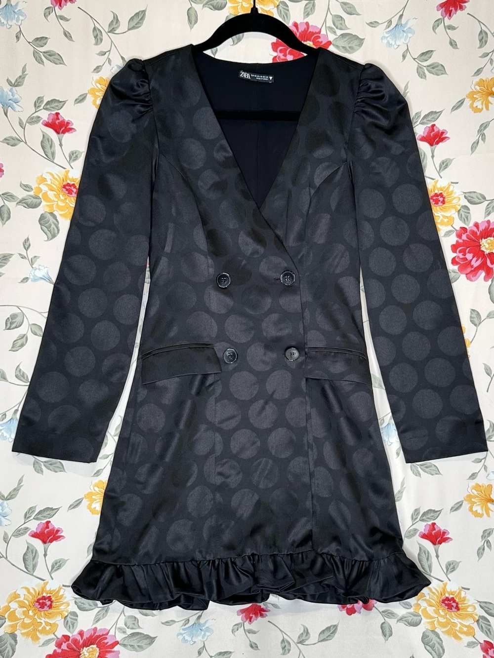 ZARA | BLACK POLKA DOT DOUBLE- BREASTED RUFFLD HEM DRESS | WOMENS SIZE XS
